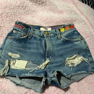 Aviator Nation Blue and Red Jean Shorts Distressed Design